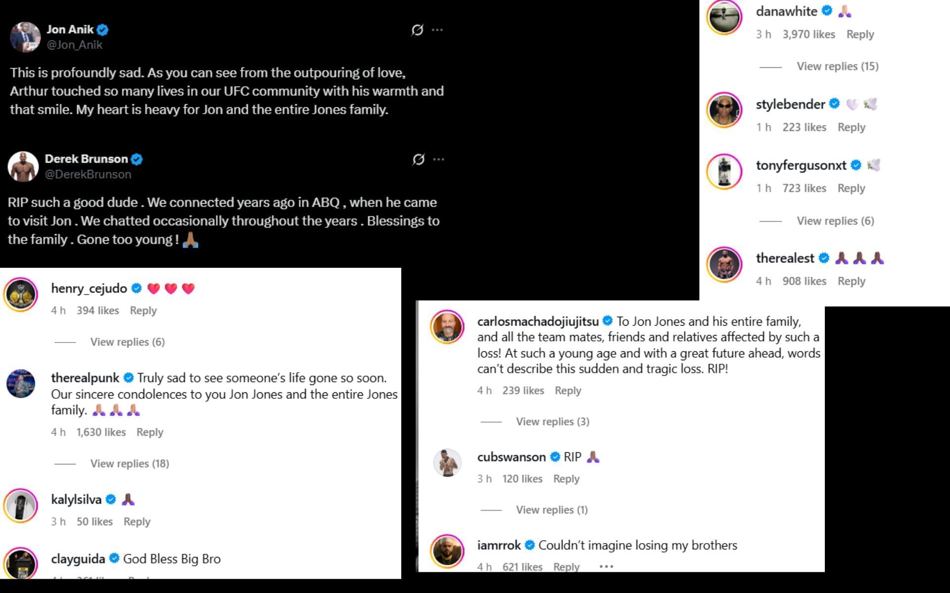 MMA world reacts to the death of Arthur Jones. [Screenshots courtesy: @ufc on Instagram and fighter accounts on X]
