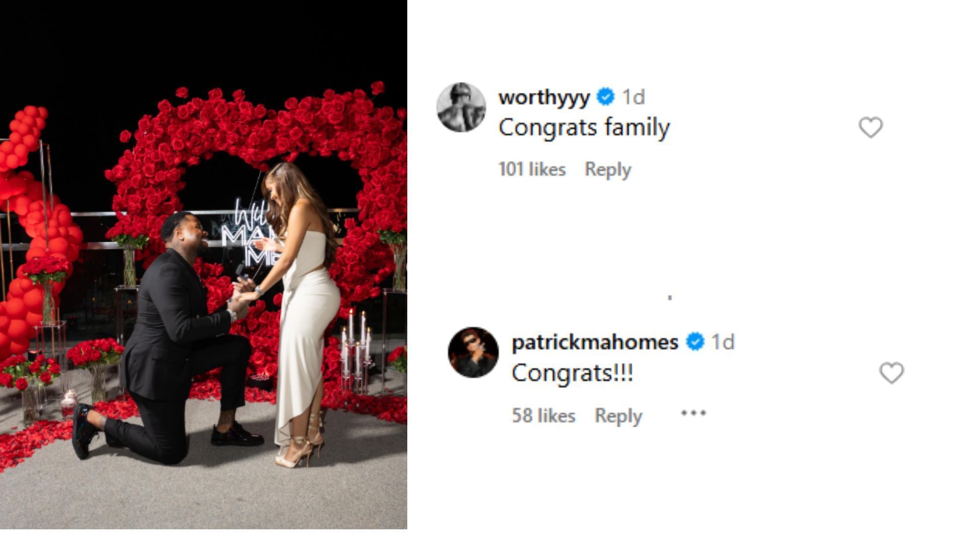 Worthy and Mahomes&#039; comments on Jawaan Taylor&#039;s engagement. (Comments via Jawaan Taylor&#039;s Instagram post.)
