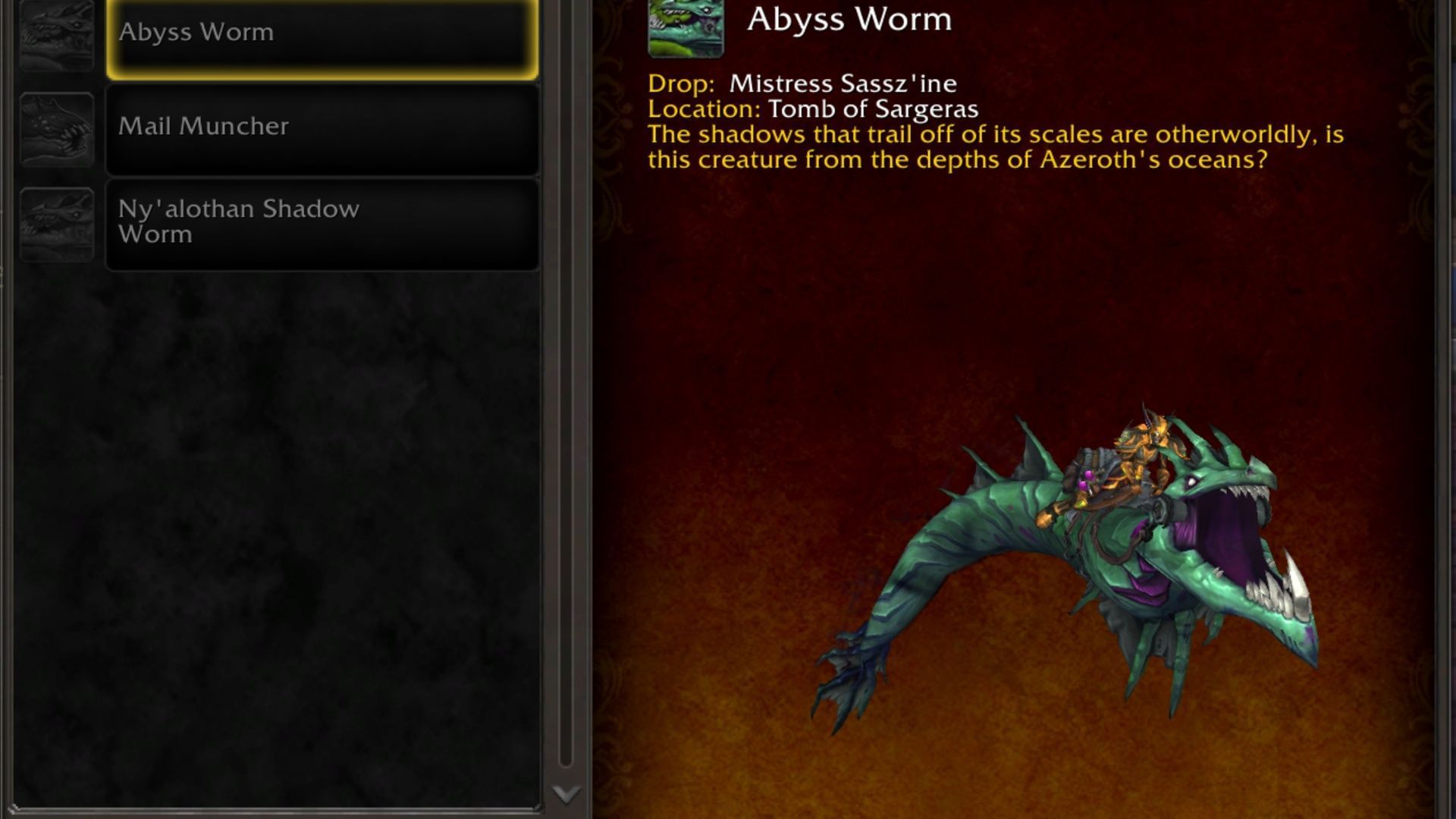 This mount type (Abyss Worm) can make me a little motion sick, but I still think they&#039;re neat (Image via Blizzard Entertainment)