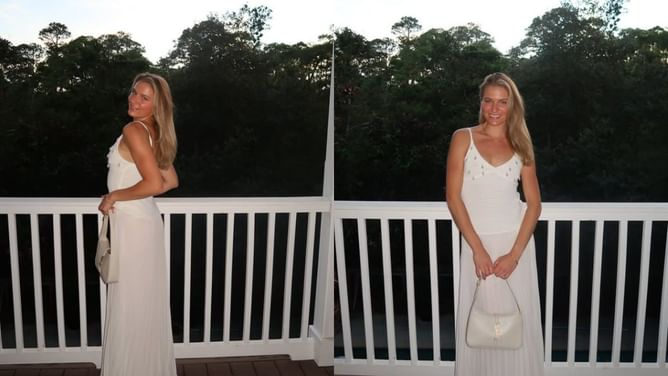Kyle Nicolas' fiancee Allison Martin poses in sleek white bikini, striking a joyful pose on the deck of a boat during her bachelorette celebration