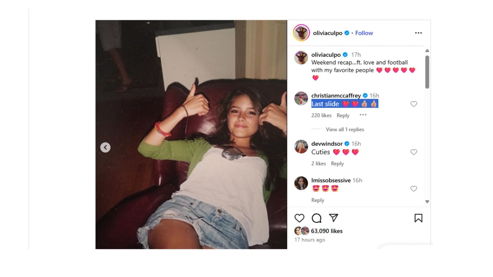 Christian McCaffrey shared his thoughts on one photo. (Comment via Olivia Culpo&#039;s Instagram post.)