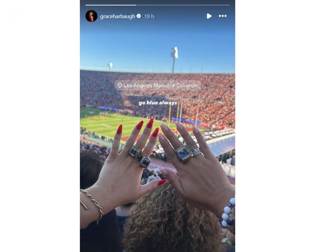 Jim Harbaugh&rsquo;s daughter Grace Harbaugh drops 3-word message cheering for dad&rsquo;s former CFB team/@graceharbaugh
