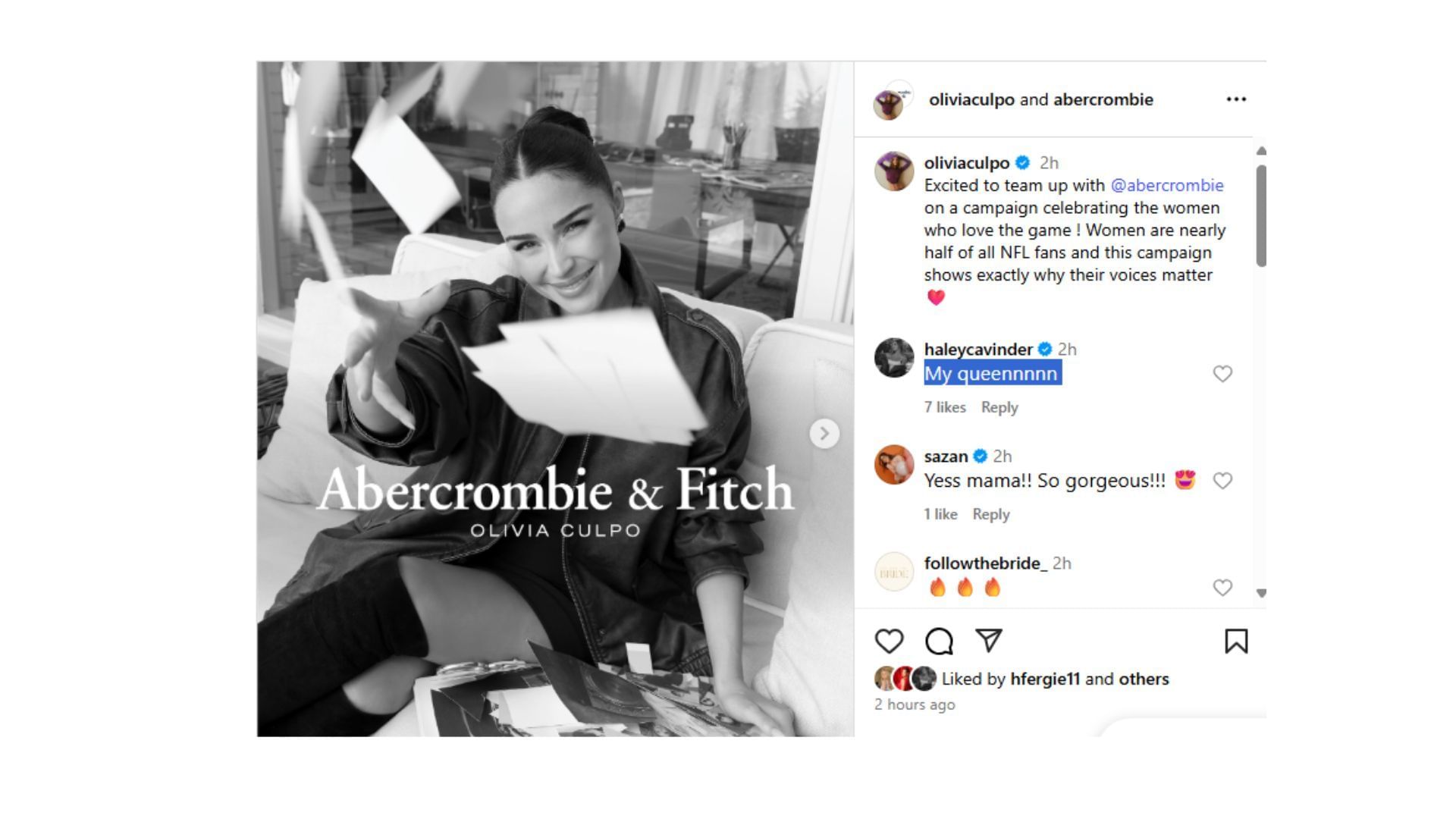 Haley Cavinder&#039;s sharing her love for Olivia. (Comment via Olivia Culpo&#039;s Instagram)