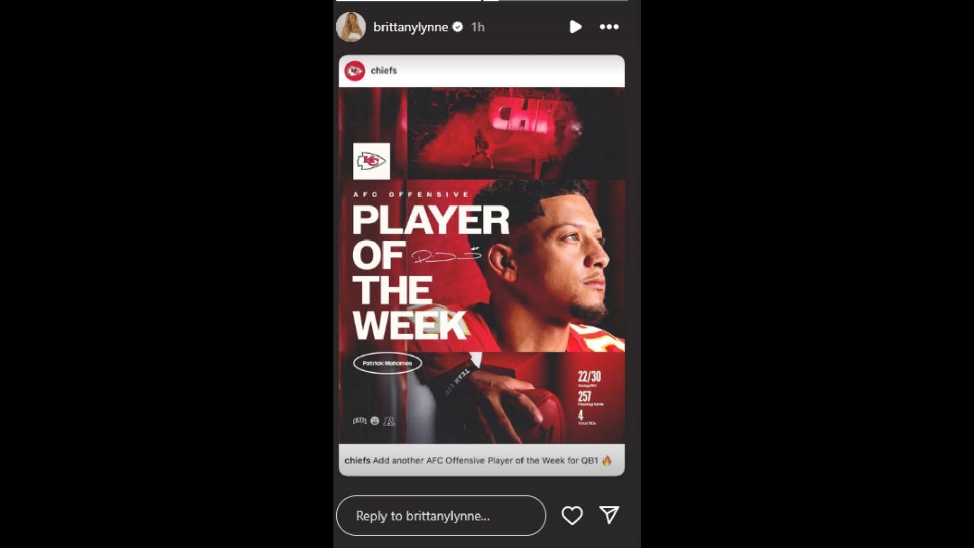 Brittany Mahomes gave a nod to her husband on his latest achievement. (Photo via Brittany Mahome&#039; Instagram Story)