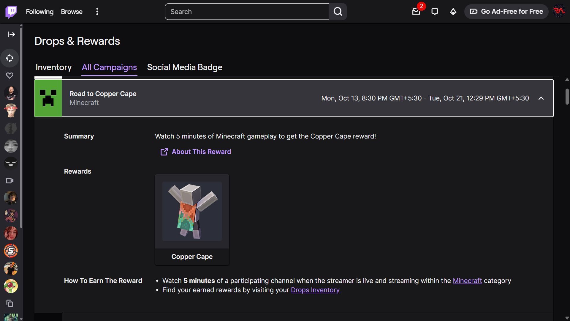 Watch a Twitch or TikTok Minecraft streamer for five minutes to get the copper cape (Image via Sportskeeda Gaming || Twitch)