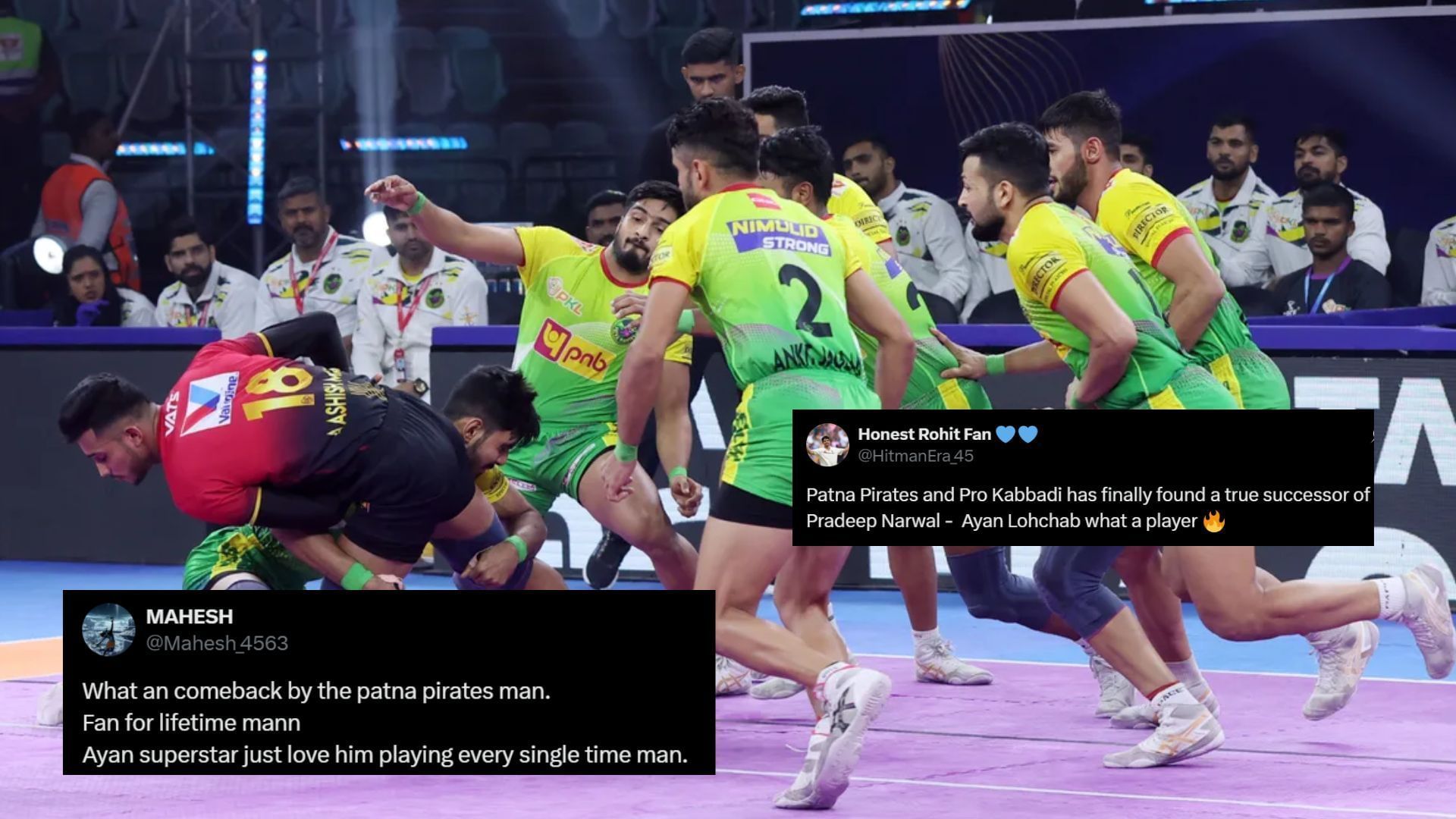 Patna Pirates beat Bengaluru Bulls in Eliminator 2 (Image Credits: PKL &amp; @Mahesh_4563/@HitmanEra_45/X)