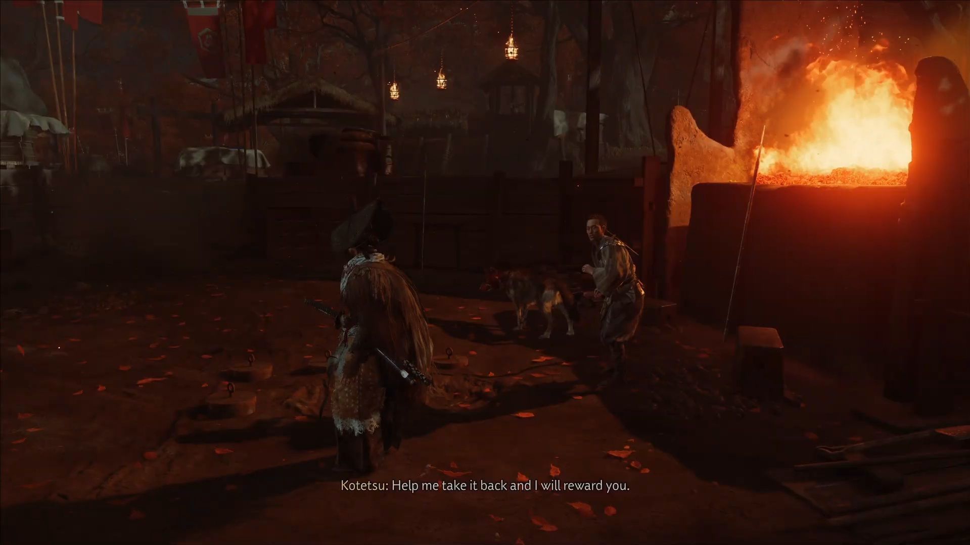 A cutscene with Kotetsu in The Path of the Yari - Burning Plains (Image via Sportskeeda Gaming || Sucker Punch)