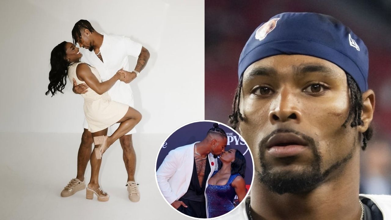  Jonathan Owens packs on PDA with Simone Biles as she dons white top and skirt at Bears vs. Saints Week 7 game