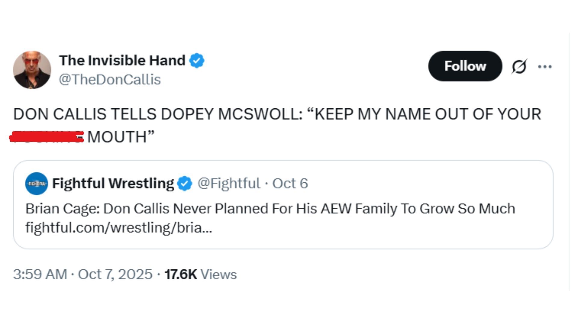 Don Callis curses out Brian Cage [Image Credits: Callis&#039; X profile]