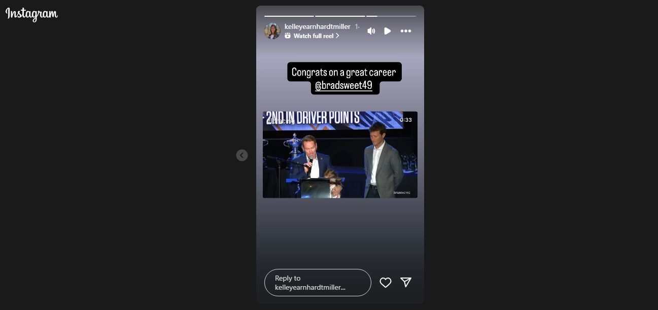 Kelley Earnhardt&#039;s story on October 20. Image source: Screenshot via @kelleyearnhardtmiller on Instagram.