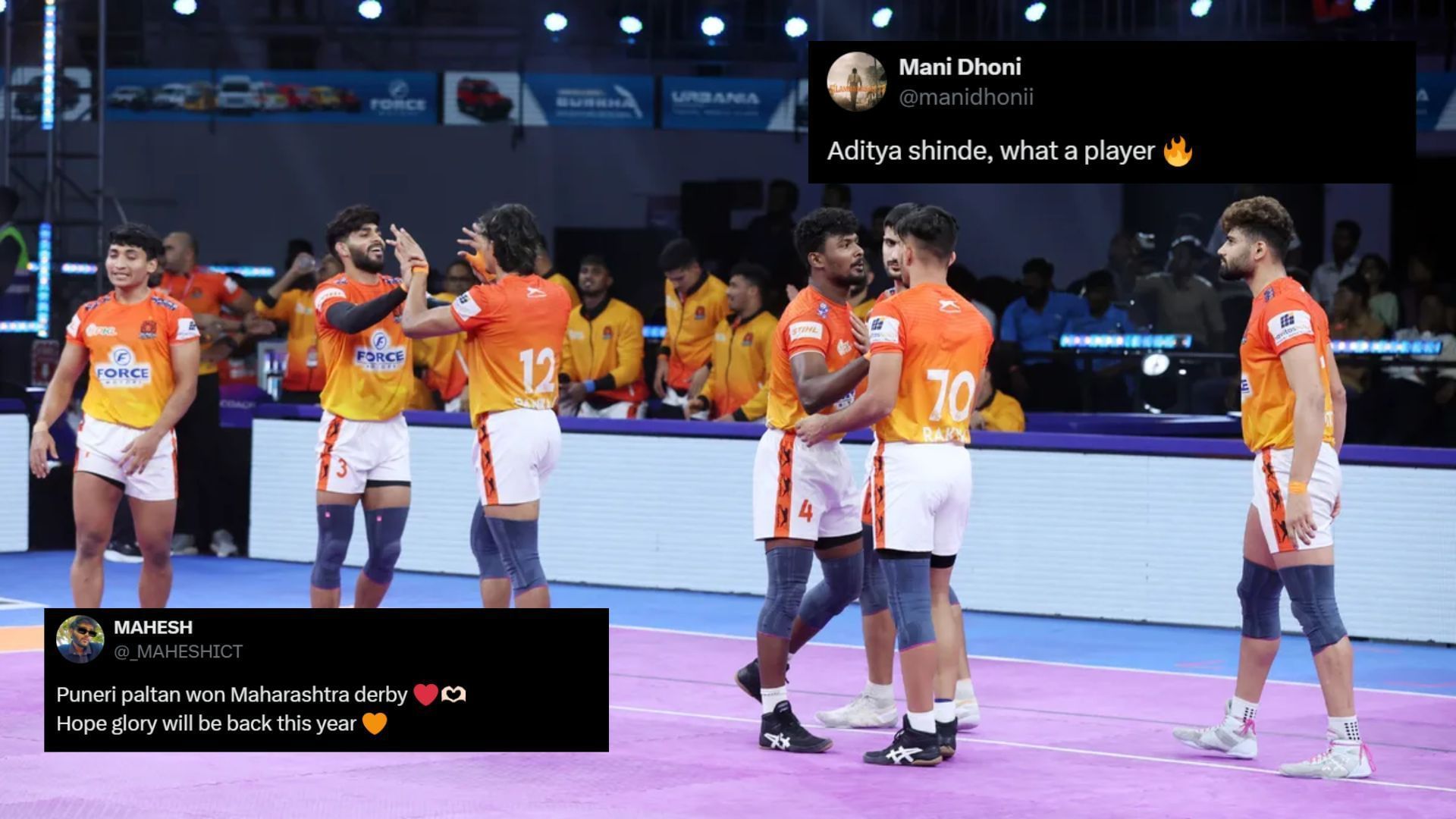 Puneri Paltan beat U Mumba (Image Credits: PKL &amp; @_MAHESHICT,@manidhonii/X)