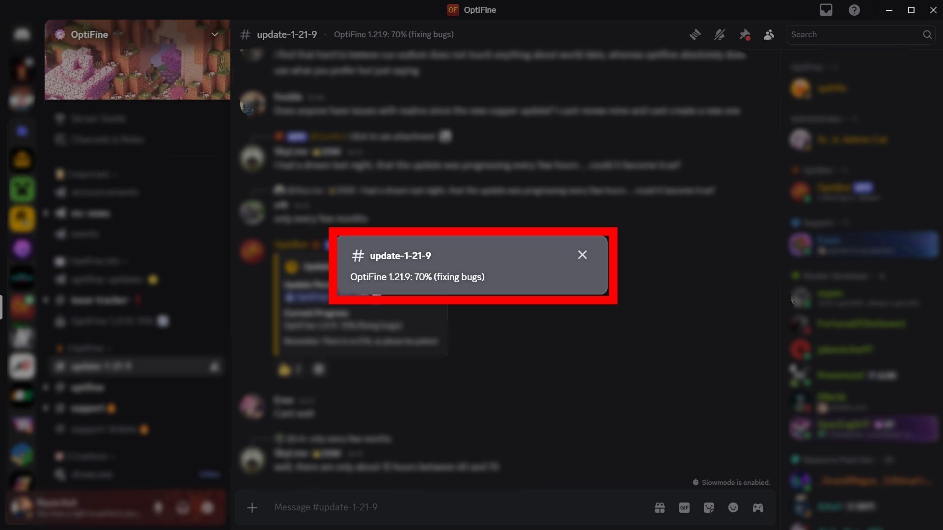OptiFine Discord server states that the mod for Minecraft 1.21.9 is 70% complete (Image via OptiFine/Discord)