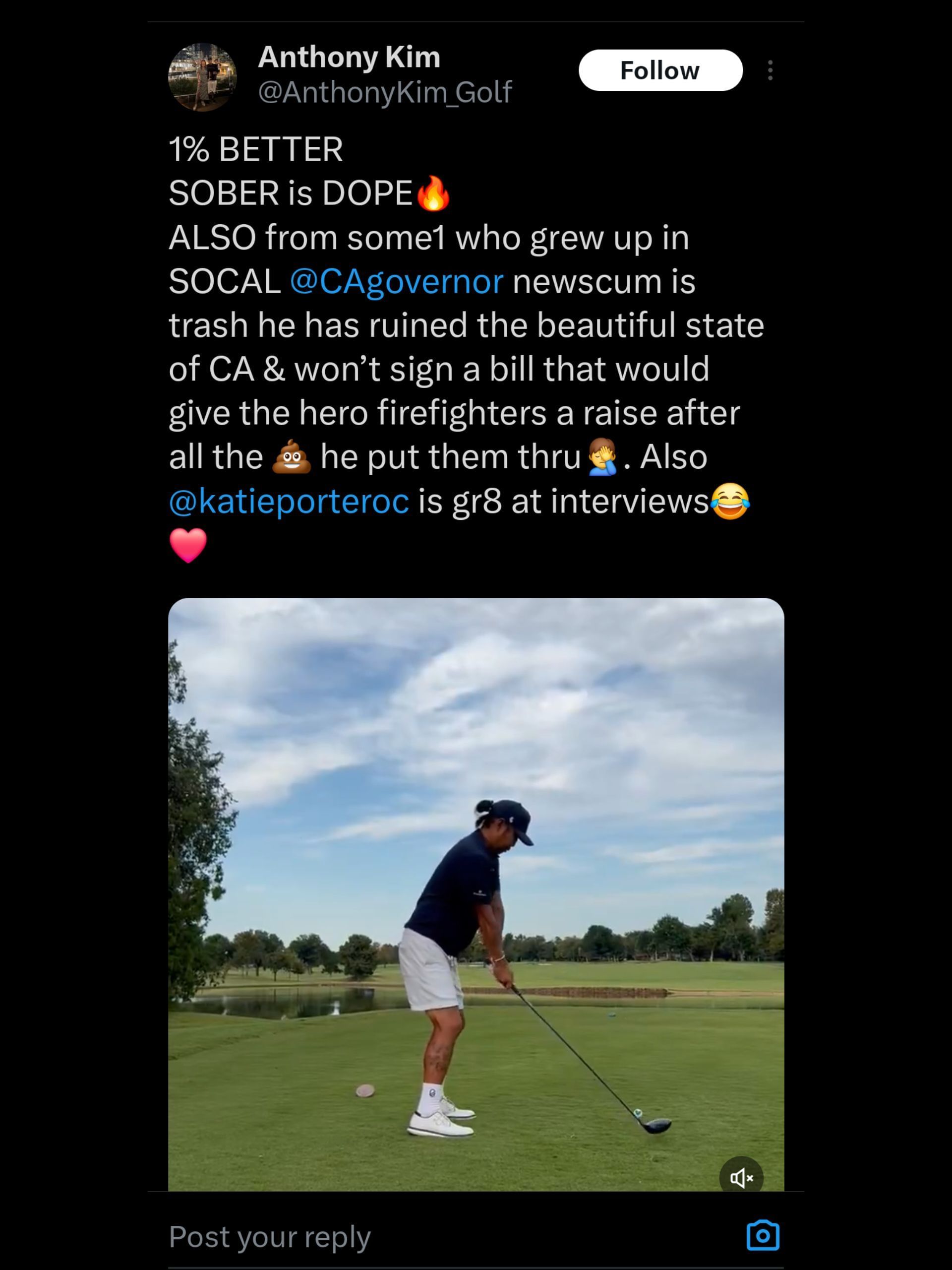 Screenshot from Kim&#039;s X post on Porter / Source: @AnthonyKim_Golf on X