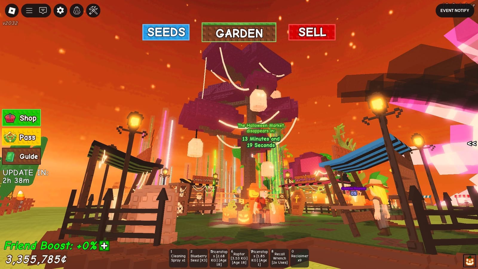 Grow a Garden Halloween Market — earlier gameplay reference Grow a Garden Halloween Market area with spooky decorations and in-game shop stalls