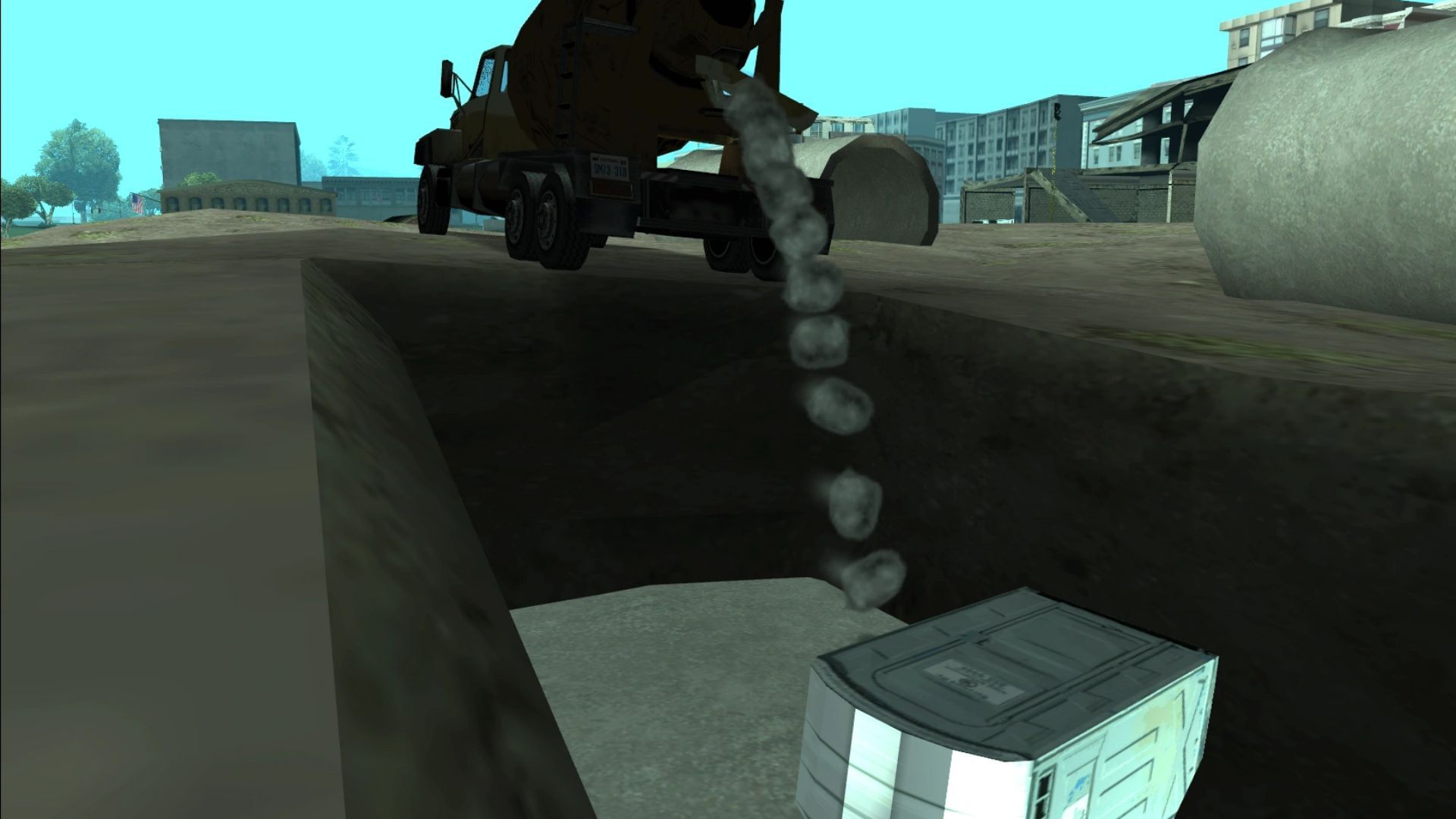 In Deconstruction, CJ buries a portable toilet with a construction worker still in it (Image via Rockstar Games || GTA Wiki)