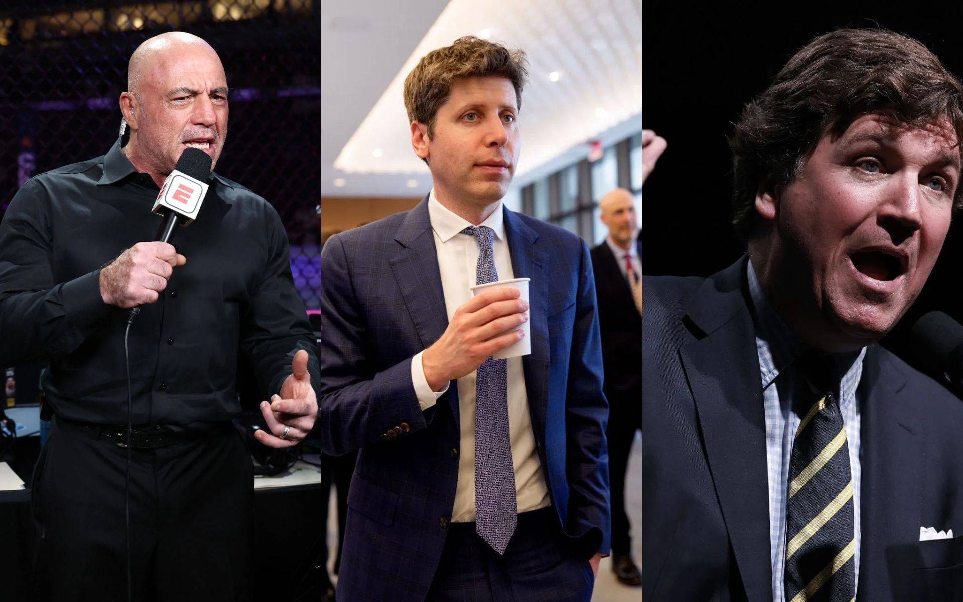 Joe Rogan (left) reacts to the interview between Tucker Carlson (right) and Sam Altman (center). [Images courtesy: Getty]