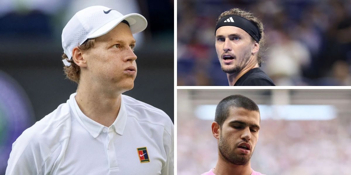 Jannik Sinner (left), Alexander Zverev (top right), Carlos Alcaraz (bottom right), Sources: Getty