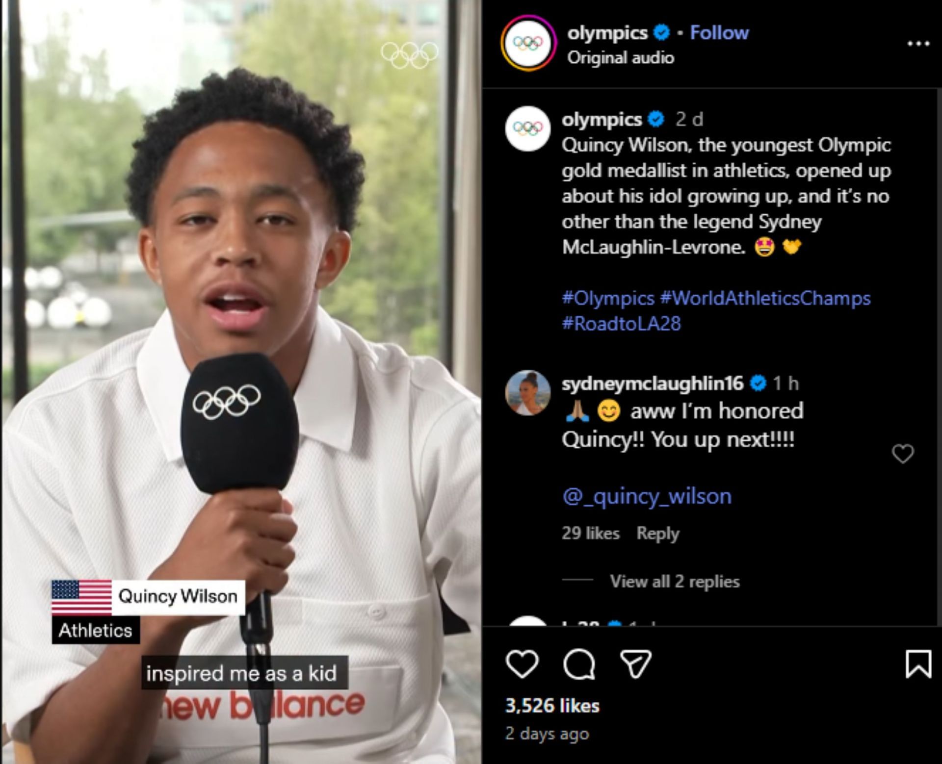 Screengrab of Sydney McLaughlin-Levrone&#039;s comments on Quincy Wilson&#039;s video with Olympics channel [Image Source : Instagram]