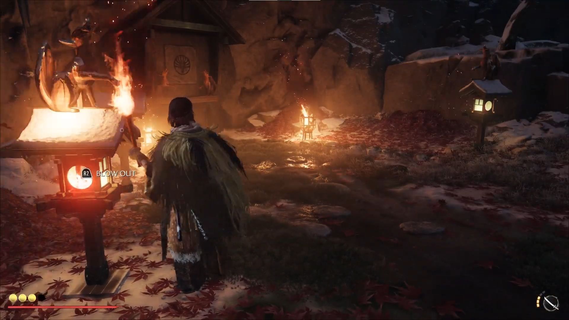 Light up the correct lanterns to open up the crawl space (Image via Sportskeeda Gaming || Sucker Punch)