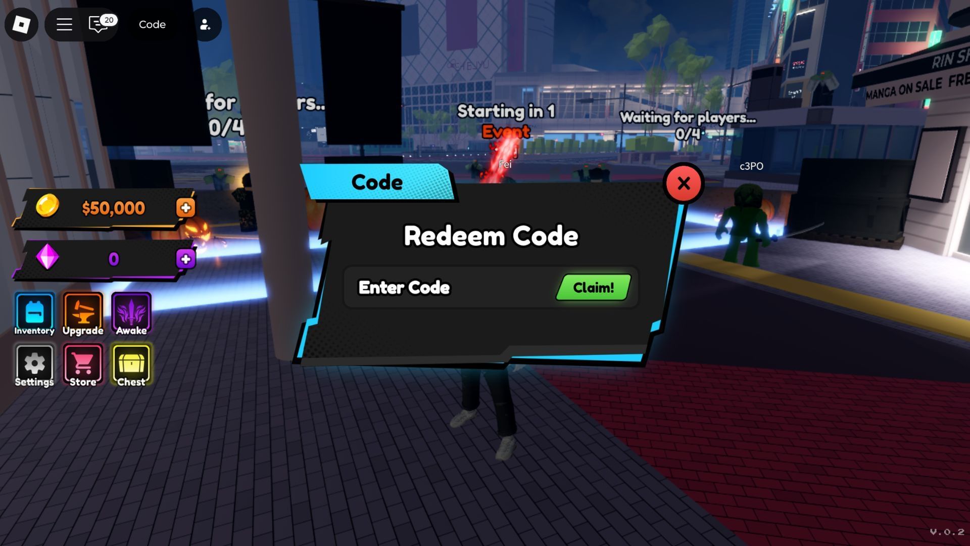 Redeem codes here (Image via Roblox)
