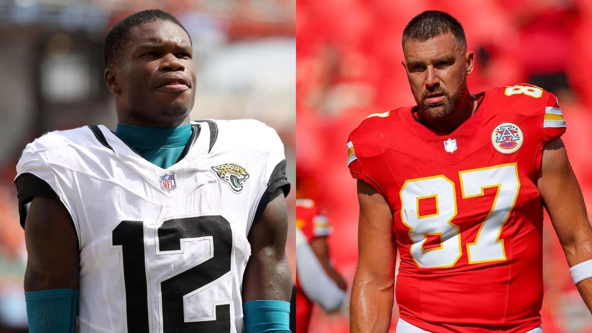 Travis Hunter locks up Travis Kelce - via Getty/CMS