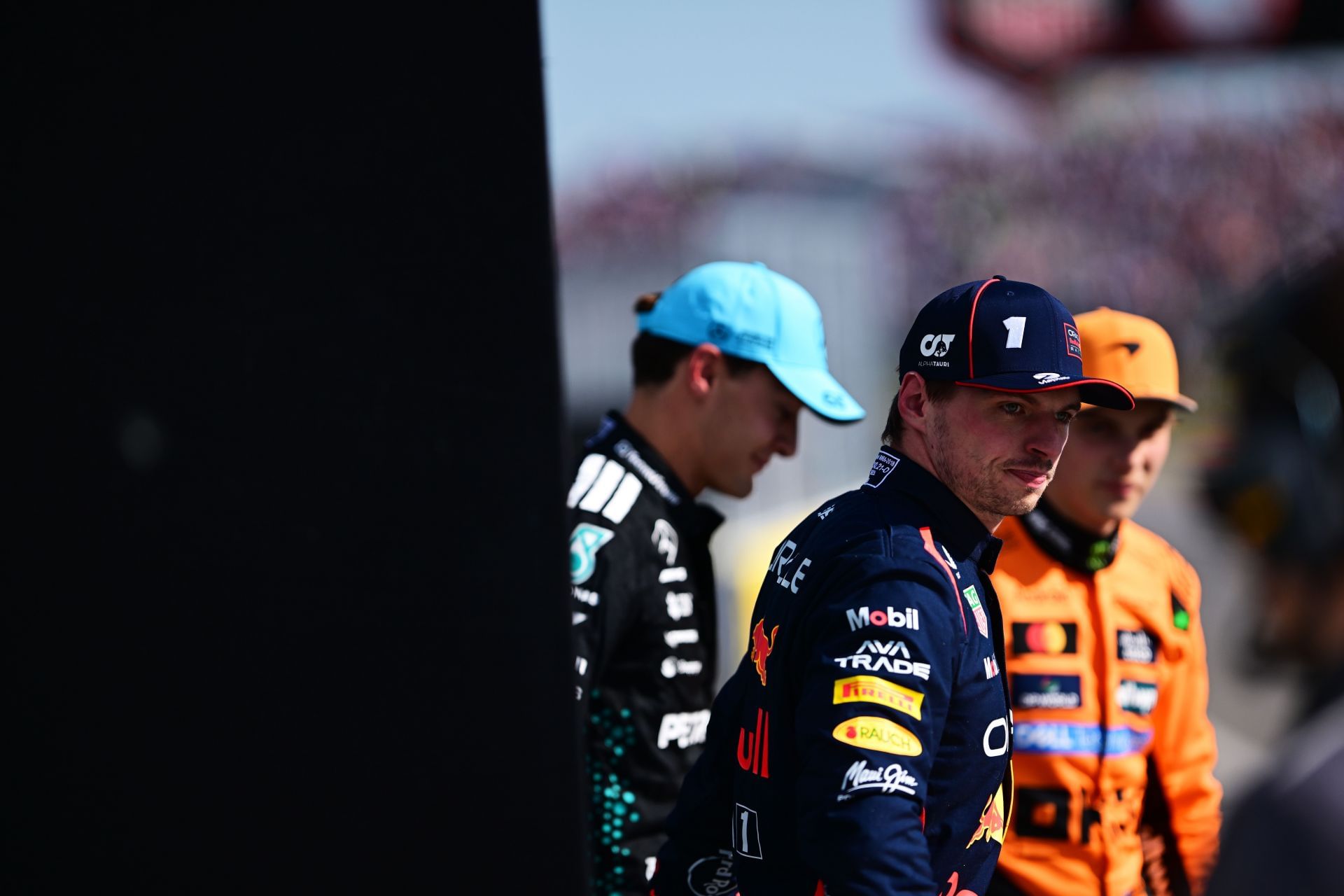 (L-R) George Russell, Max Verstappen, and Oscar Piastri before the Canadian GP. Source: Getty