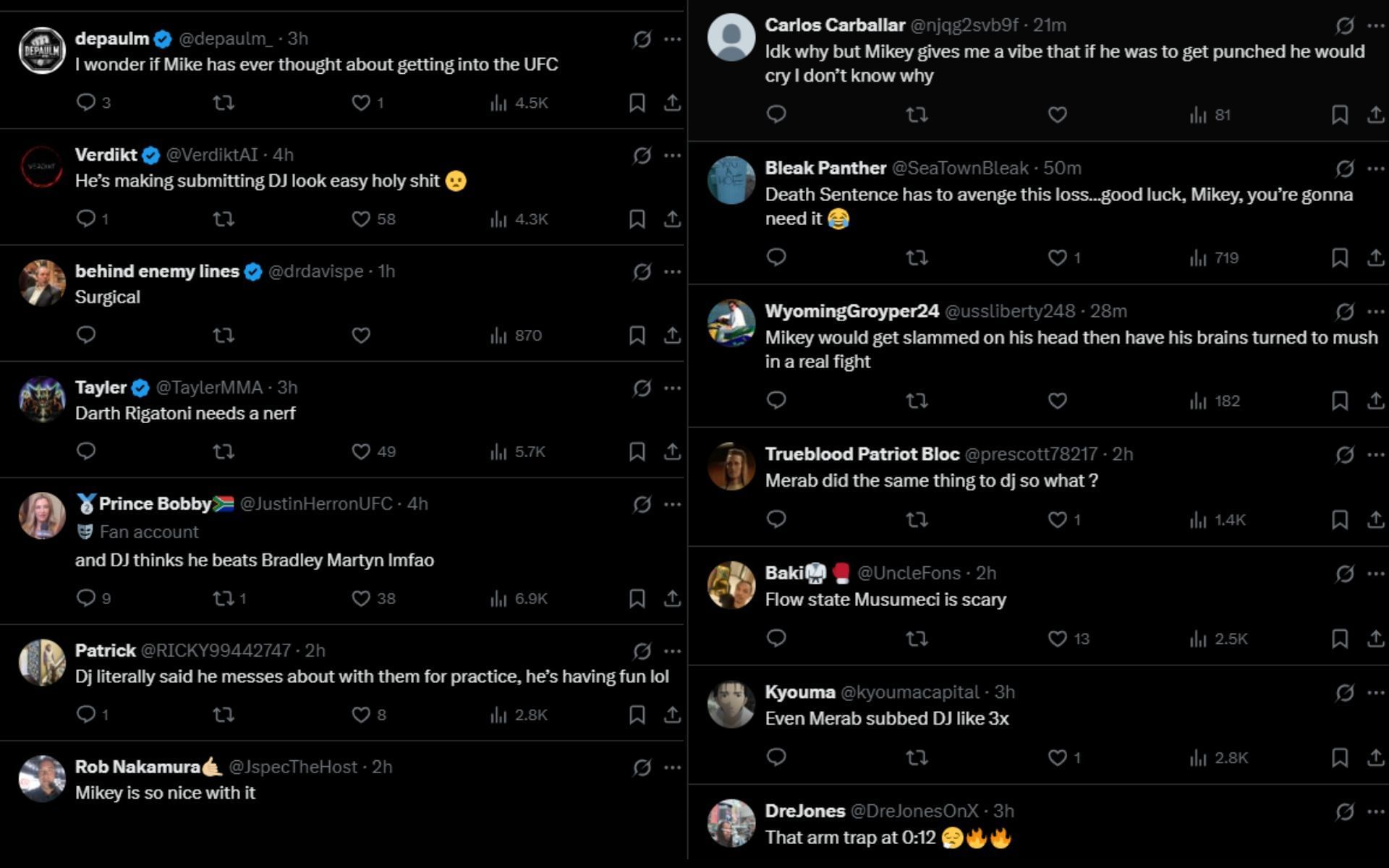 Fans react to Mikey Musumeci submitting Demetrious Johnson in training. [Screenshots courtesy: @Home_of_Fight on X]
