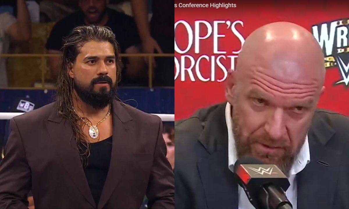 Andrade (L) and WWE CCO, Triple H (R). [Photo credit: AEW X account, and WWE  YouTube account]