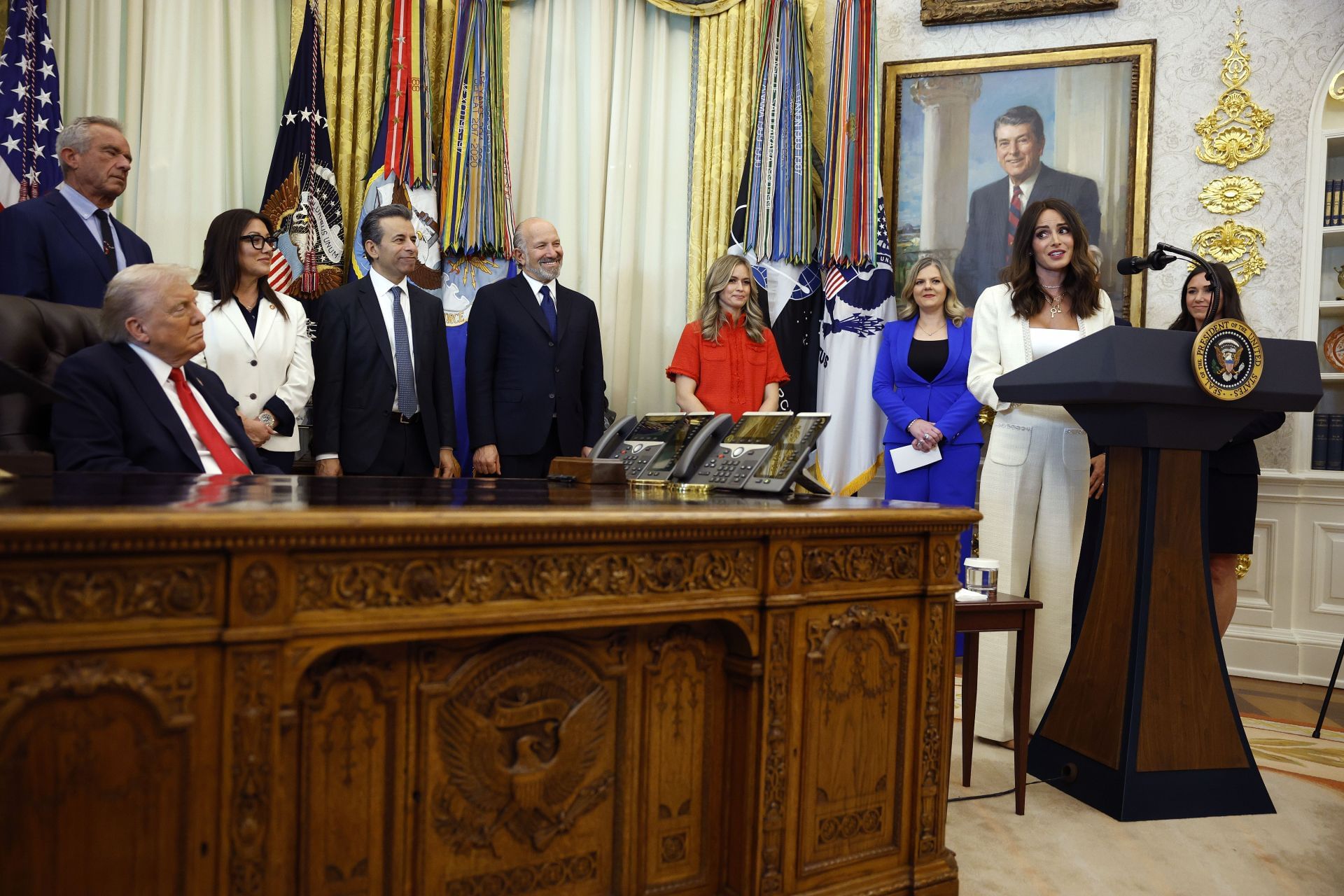 Samantha Busch, IVF advocate and the wife of NASCAR driver Kyle Busch, speaks alongside U.S. President Donald Trump and administration officials during an event in the Oval Office of the White House on October 16, 2025 in Washington - Source: Getty