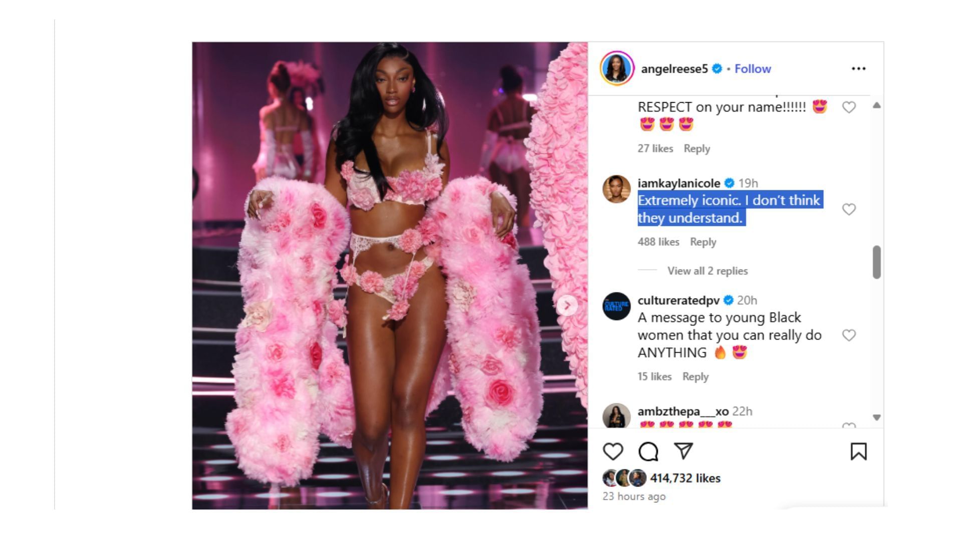 Kayla reacted to Angel Reese&#039;s apppearance at the Victoria&#039;s Secret Fashion Show. (Comment via Angel Reese&#039;s Instagram)
