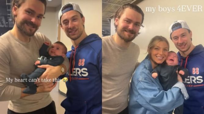 "My heart can't take this": Rasmus Andersson poses with ex-Flames teammate Andrew Mangiapane's newborn son, as families link up post Battle of Alberta