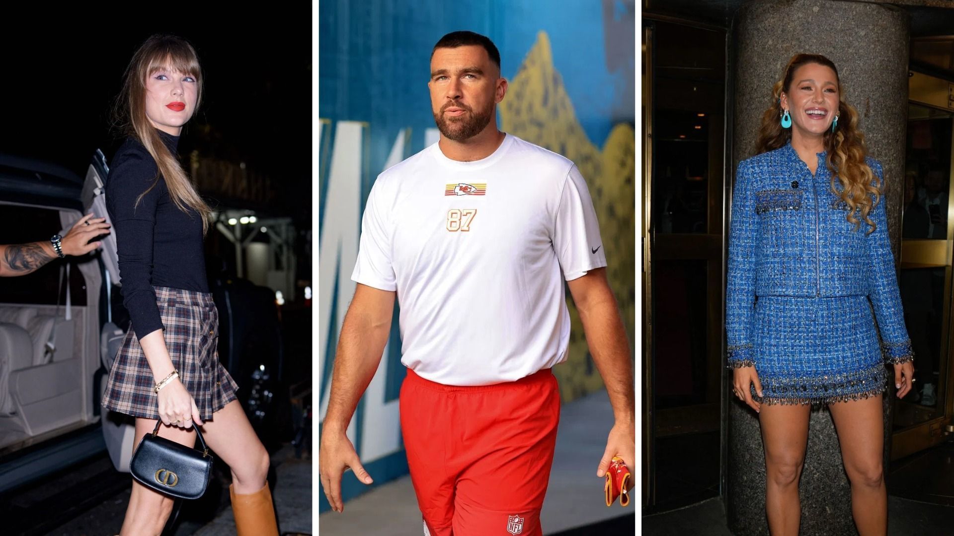Taylor Swift, Travis Kelce, and Blake Lively (Image via Getty)