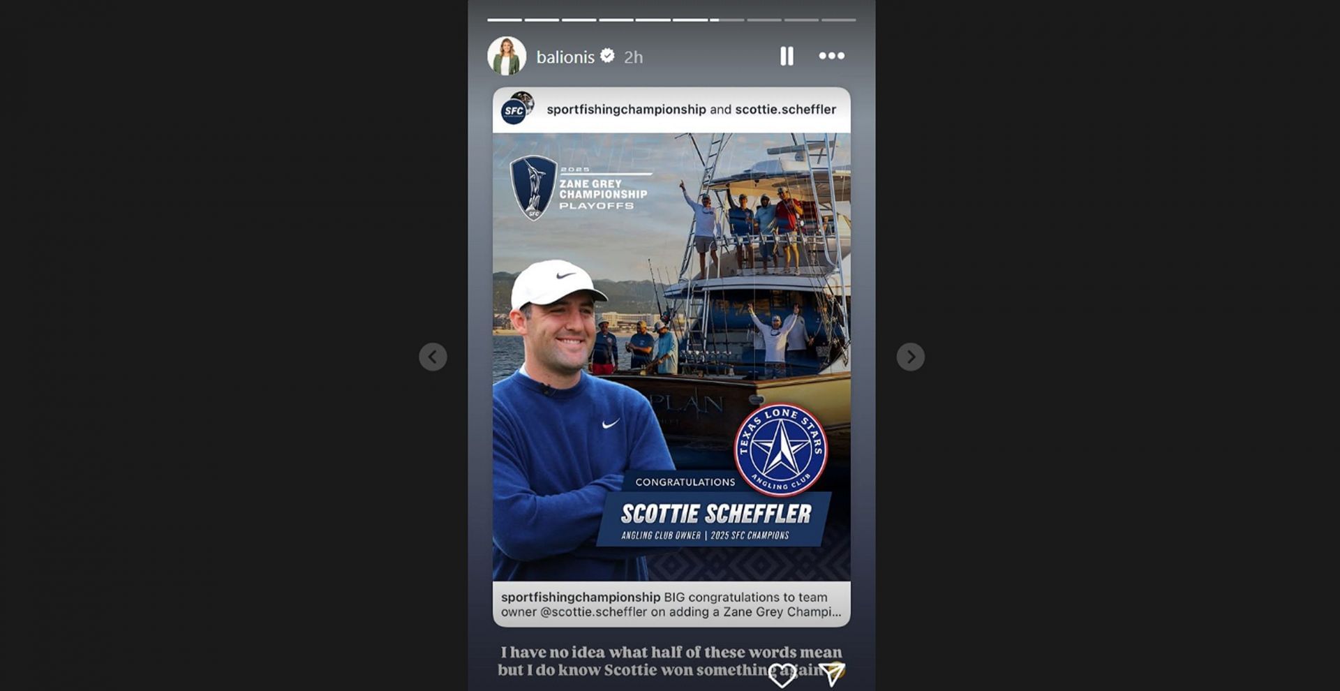Amanda Balionis hilariously report Scottie Scheffler&rsquo;s latest achievement as fishing team owner/@balionis