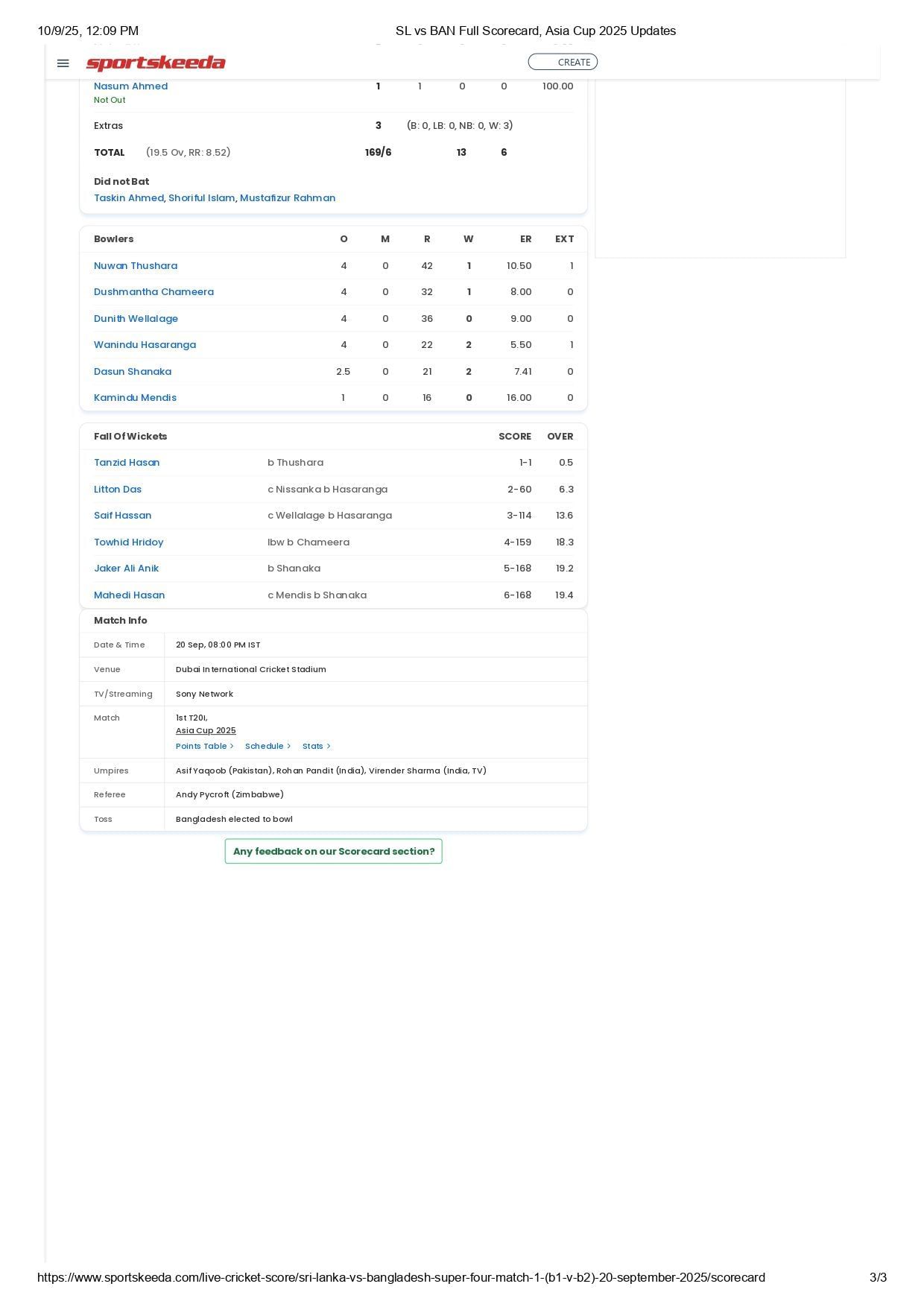 SL vs BAN Asia Cup 2025 scorecard. [Source: Sportskeeda]