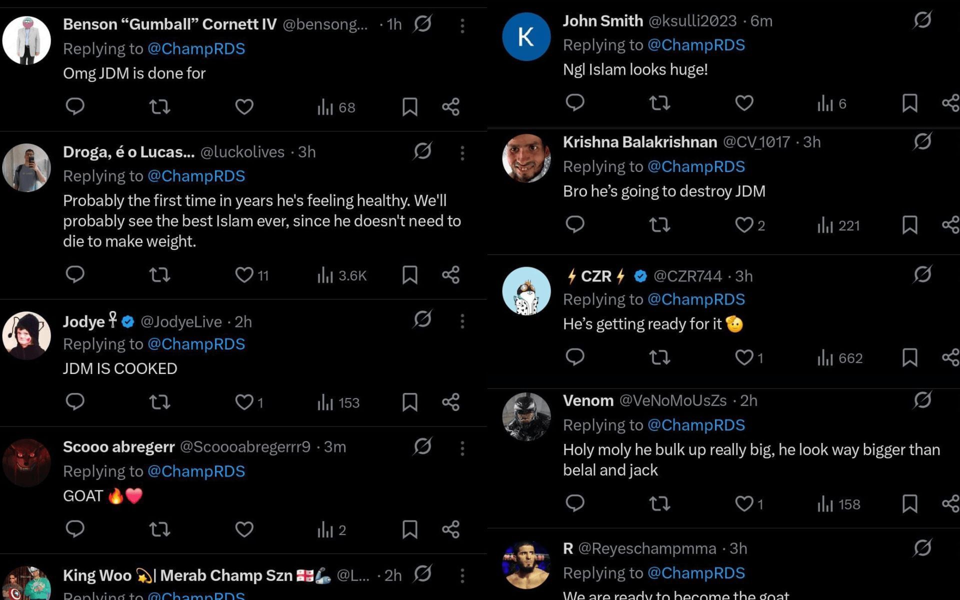Fans&#039; reaction to Islam Makhachev&#039;s physique. [Screenshots courtesy: @ChampRDS on X]