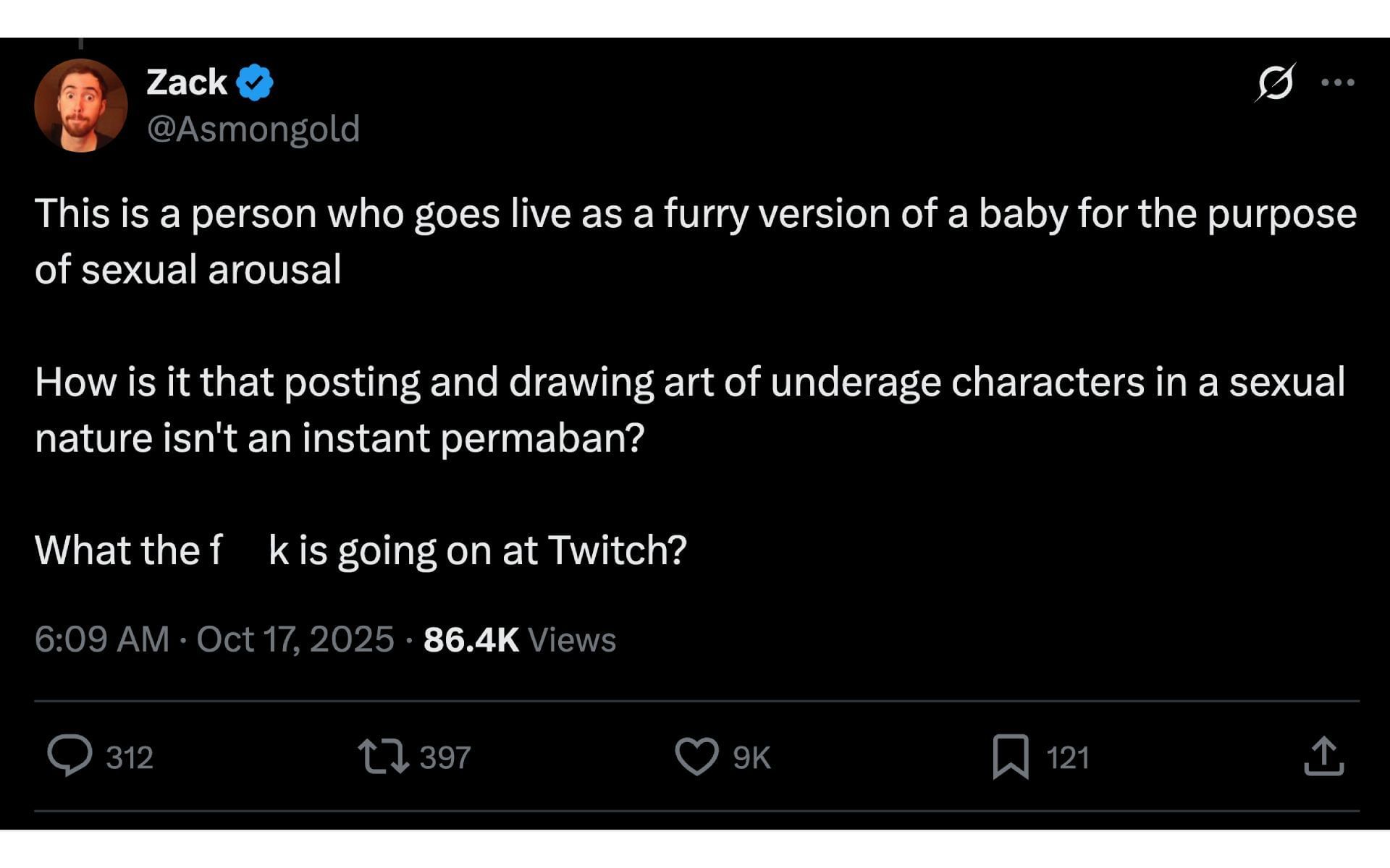 Asmongold&#039;s X post, in which he expressed dissatisfaction with Twitch for unbanning streamer Tygre&#039;s channel (Image via x.com/Asmongold)