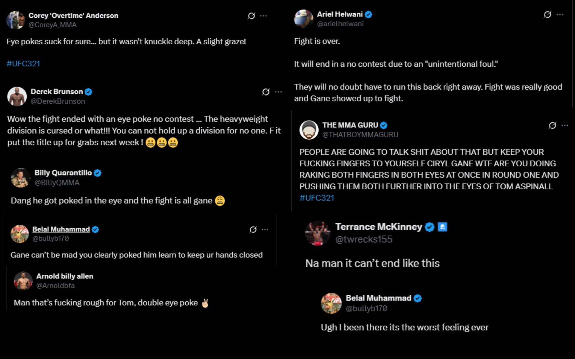 Fighters react to the fight between Tom Aspinall and Ciryl Gane being called off as a DQ. [Screenshots courtesy: Fighter accounts on X]
