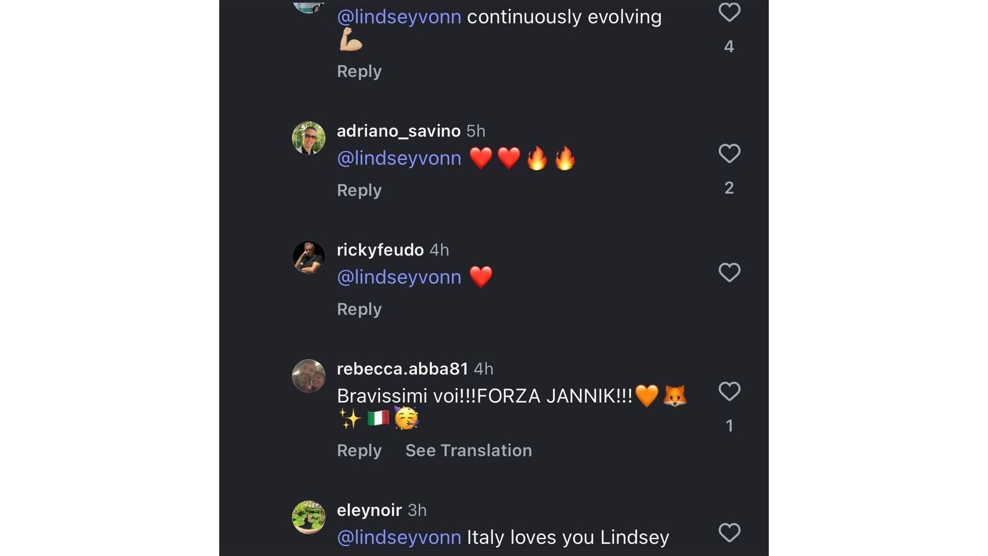 Fans&#039; reaction to Vonn&#039;s comment (Image via: @janniksin on IG)