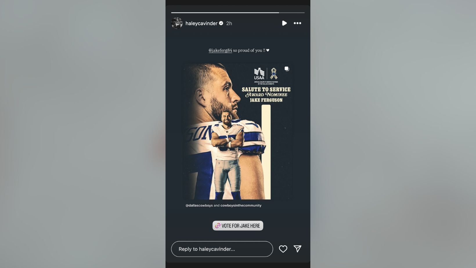 Haley Cavinder drops 4-word reaction to Jake Ferguson&rsquo;s nomination for 2025 Salute to Service Award (Image Credit: Cavinder/IG)