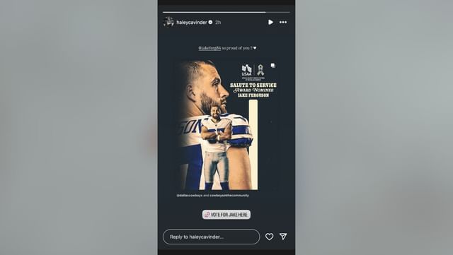 Haley Cavinder drops 4-word reaction to Jake Ferguson’s nomination for 2025 Salute to Service Award (Image Credit: Cavinder/IG)