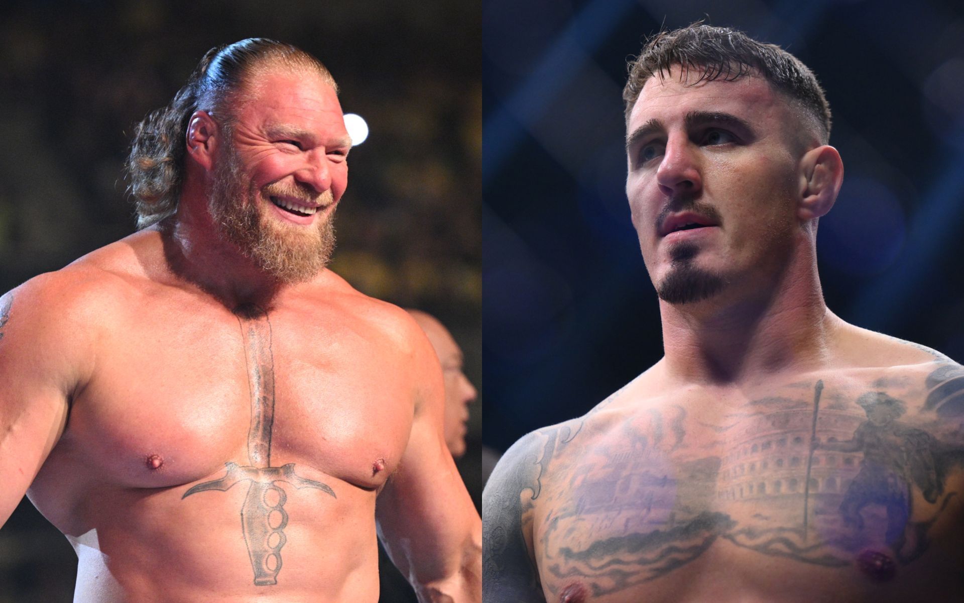 Tom Aspinall (right) and others share their thoughts on Brock Lesnar (left) potentially coming back to the UFC. [Images courtesy: Getty Images]
