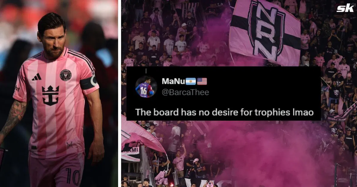 L to R: Lionel Messi and Inter Miami fans (Images via Getty and X/@BarcaThee)