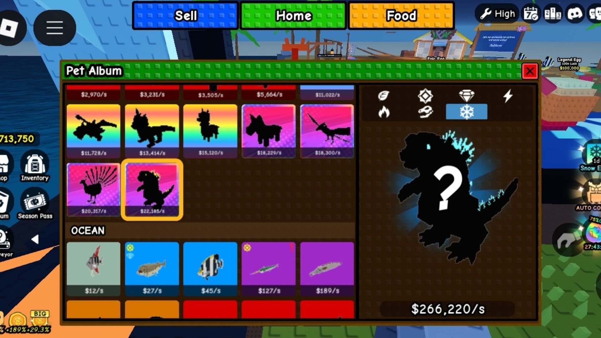 Earnings from Snow-mutated Godzilla (Image via Roblox)