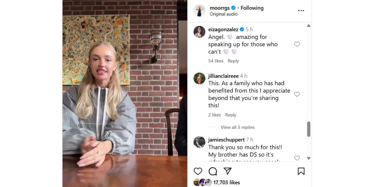 Dimitrov&#039;s girlfriend Eiza Gonzalez&#039;s comment on Fritz&#039;s girlfriend Morgan Riddle&#039;s Instagram Reel featuring Tim Walz (Source: Instagram/moorrgs)