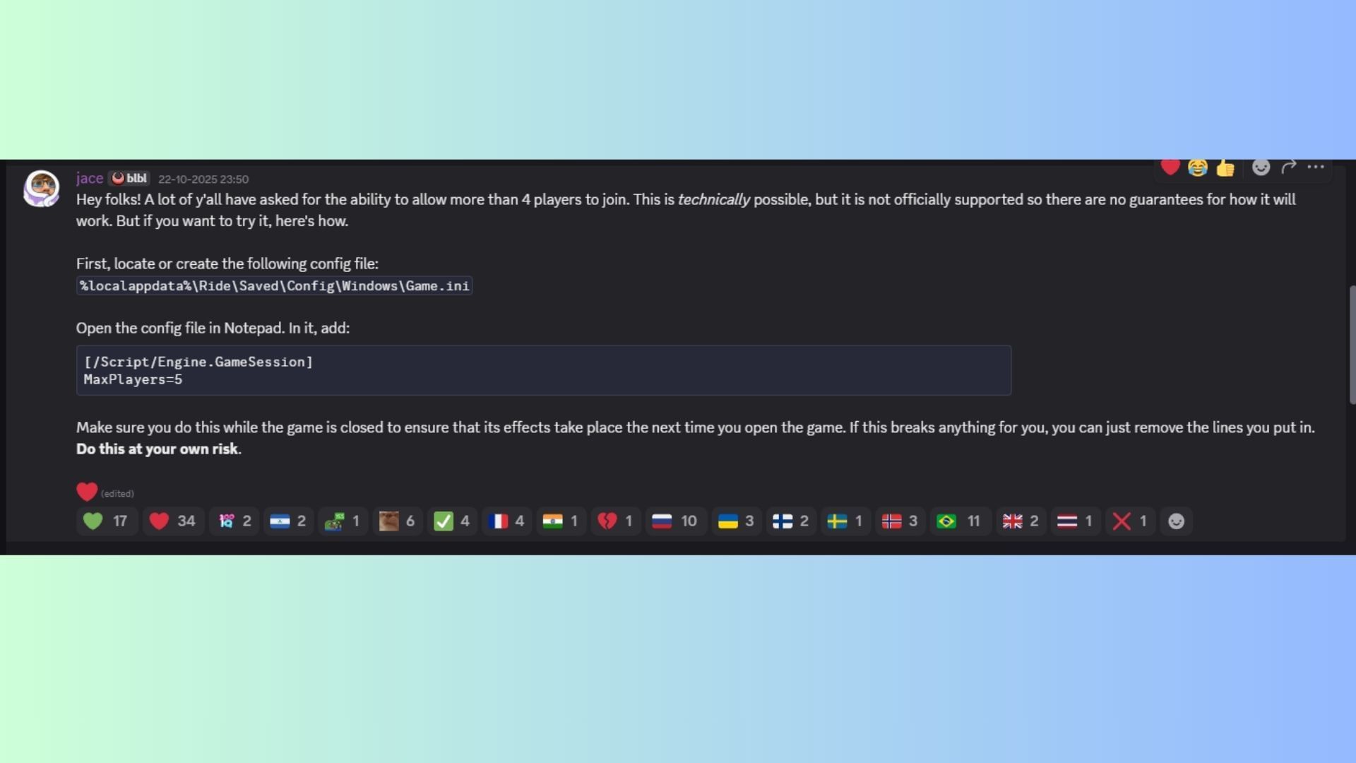 Follow these steps to modify the config file and add more players to your session (Image via Discord/Nuggets Entertainment)