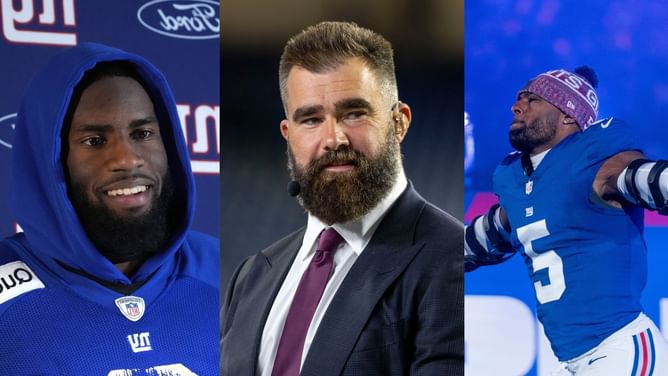 "Shouldn't be fined, that's nonsense": Jason Kelce speaks out as Brian Burns restrains furious Kayvon Thibodeaux after controversial tush push call