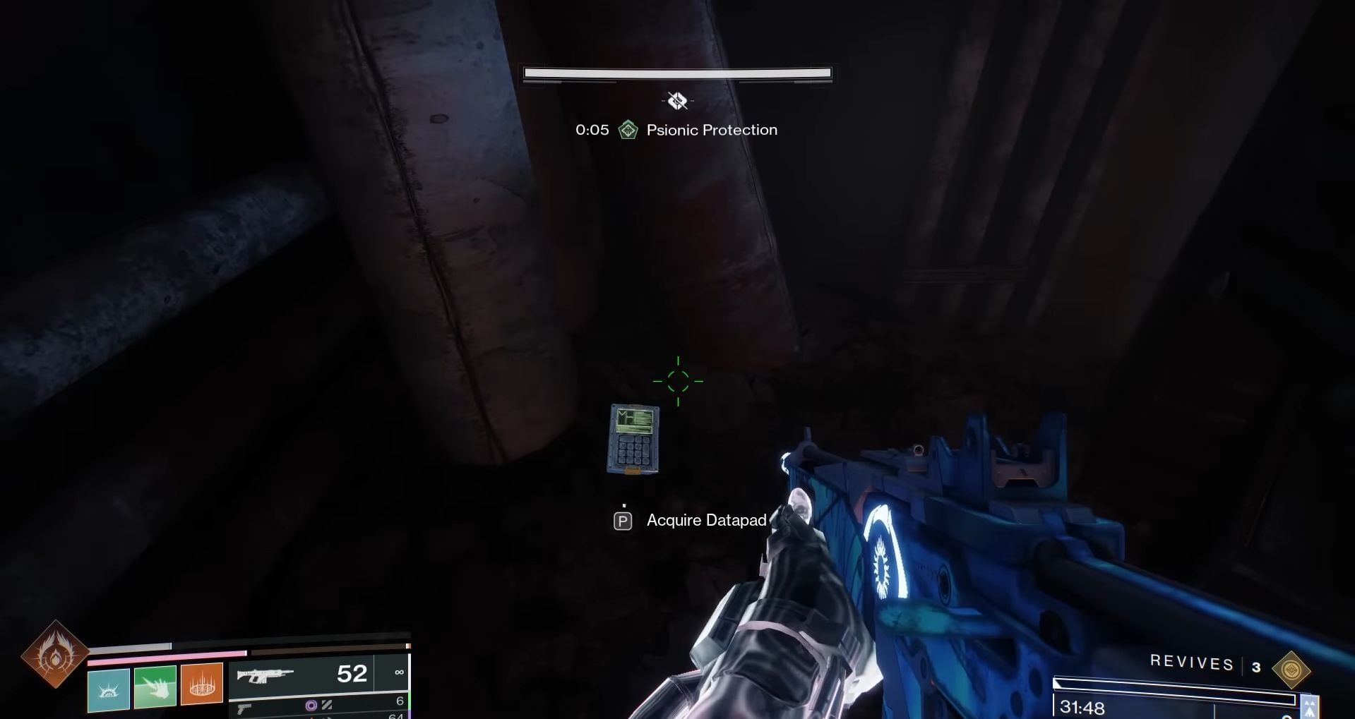 Datapad behind barrels and crates in Heliostat mission (Image via Bungie) 