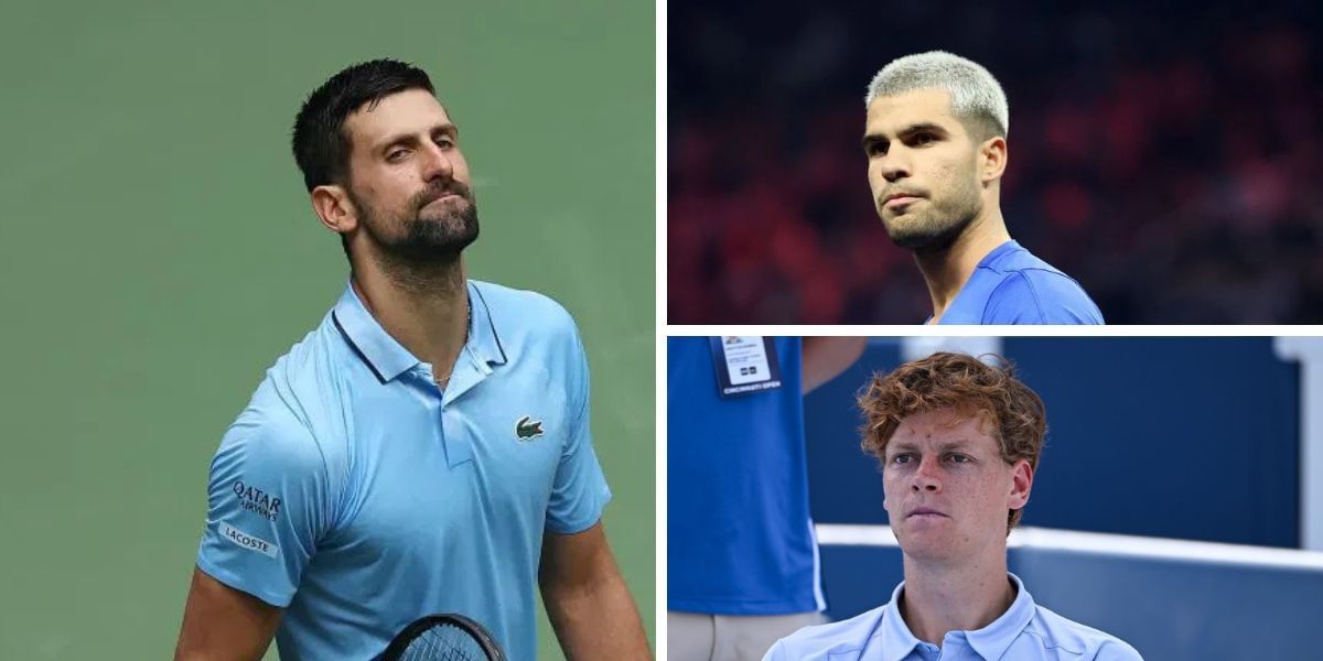 Novak Djokovic (left), Carlos Alcaraz (top right), Jannik Sinner (bottom right), Sources: Getty