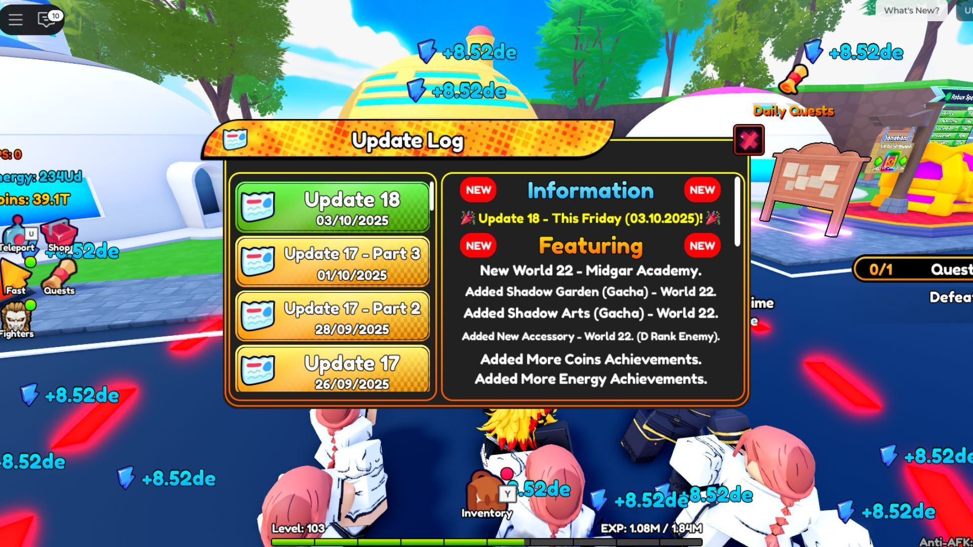 Developers have added new coins and energy achievements to the game with this update (Image via Roblox)