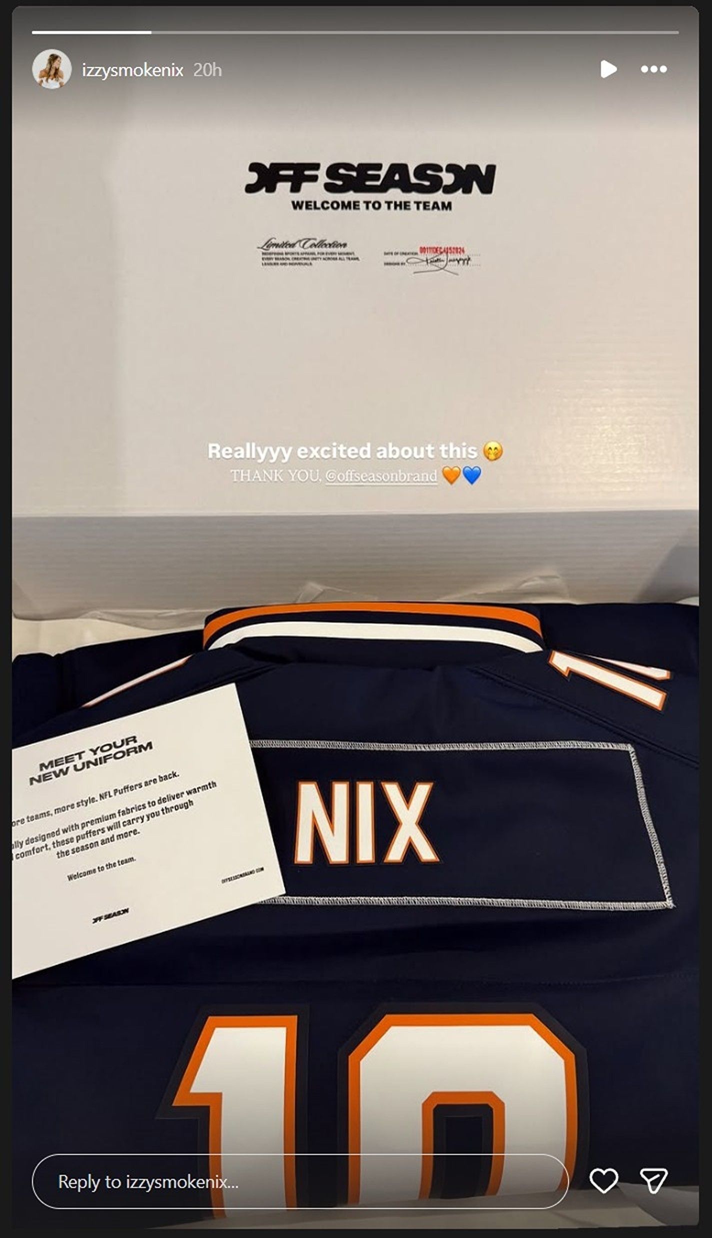 Bo Nix&#039;s wife, Izzy&#039;s reaction after receiving Kristin Juszczyk designed Broncos&#039; merch/@izzysmokenix